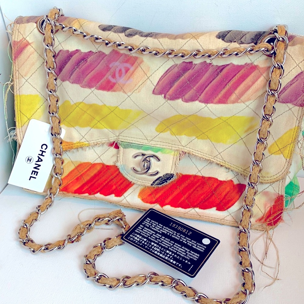 🌈 RARE CHANEL Colorama Art Rectangular Paint Rainbow Denim Vegan Canvas Bag 🦄